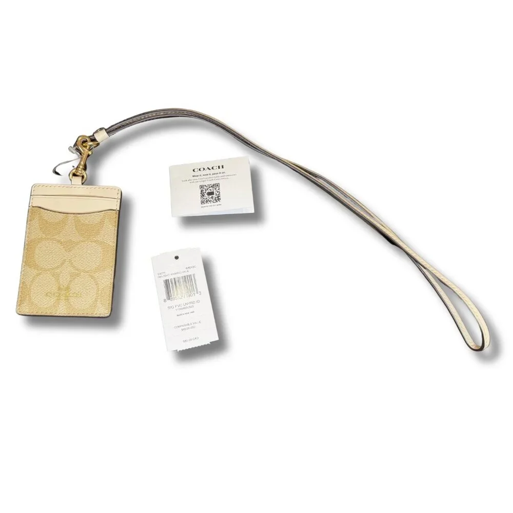NWT Coach Signature Canvas Lanyard ID Holder Khaki Chalk Gold Hardware - Picture 2 of 2